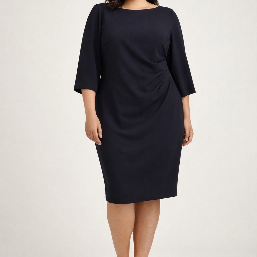 EUC Ralph Lauren Navy Blue Sheath Dress with Bateau Neckline Size 18